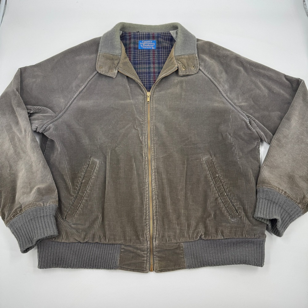 Pendleton Corduroy Bomber Jacket Mens L Grey Vintage Plaid Lined Made in USA